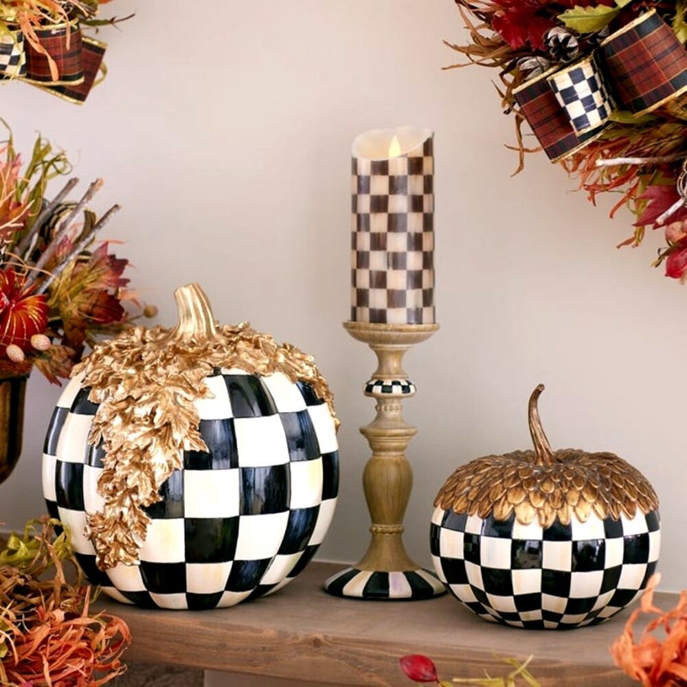 NEW MacKenzie Childs Courtly Check Gold Foliage Pumpkin 11.5" H in Original Box - Picture 2 of 16